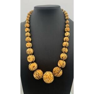 Vintage Hand Carved Rose Flower Wood Wooden Beaded Necklace Beautiful